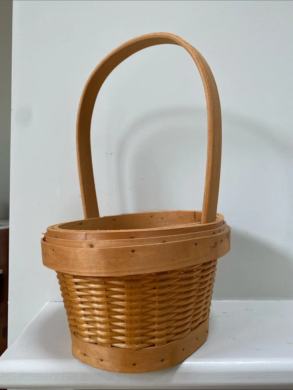 Handwoven Tan Wood Handle Basket - Rustic Home Accent